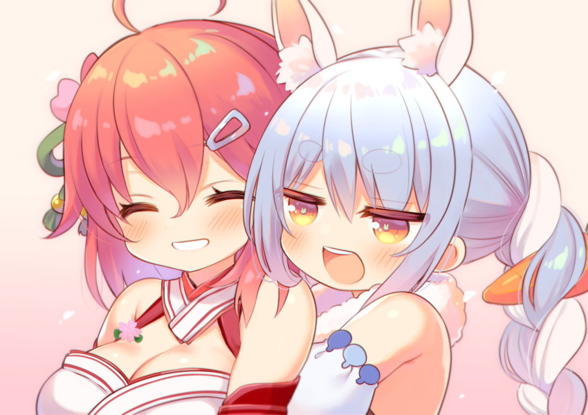 2girls ahoge animal_ears blue_hair braid breasts bunny-shaped_pupils carrot_hair_ornament cleavage closed_eyes eyebrows_visible_through_hair food-themed_hair_ornament gradient gradient_background hair_ornament hairclip highres hololive large_breasts marshmallow_mille multicolored_hair multiple_girls open_mouth orange_eyes rabbit_ears rabbit_girl sakura_miko smile thick_eyebrows twin_braids two-tone_hair usada_pekora white_hair