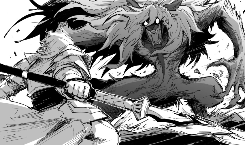 1boy angry armor battle blank_eyes claws fate/grand_order fate_(series) greyscale highres holding holding_polearm holding_spear holding_weapon kan_(aaaaari35) long_hair monochrome monster open_mouth percival_(fate) polearm sharp_teeth sketch spear teeth weapon werewolf white_background woodwose_(fate)