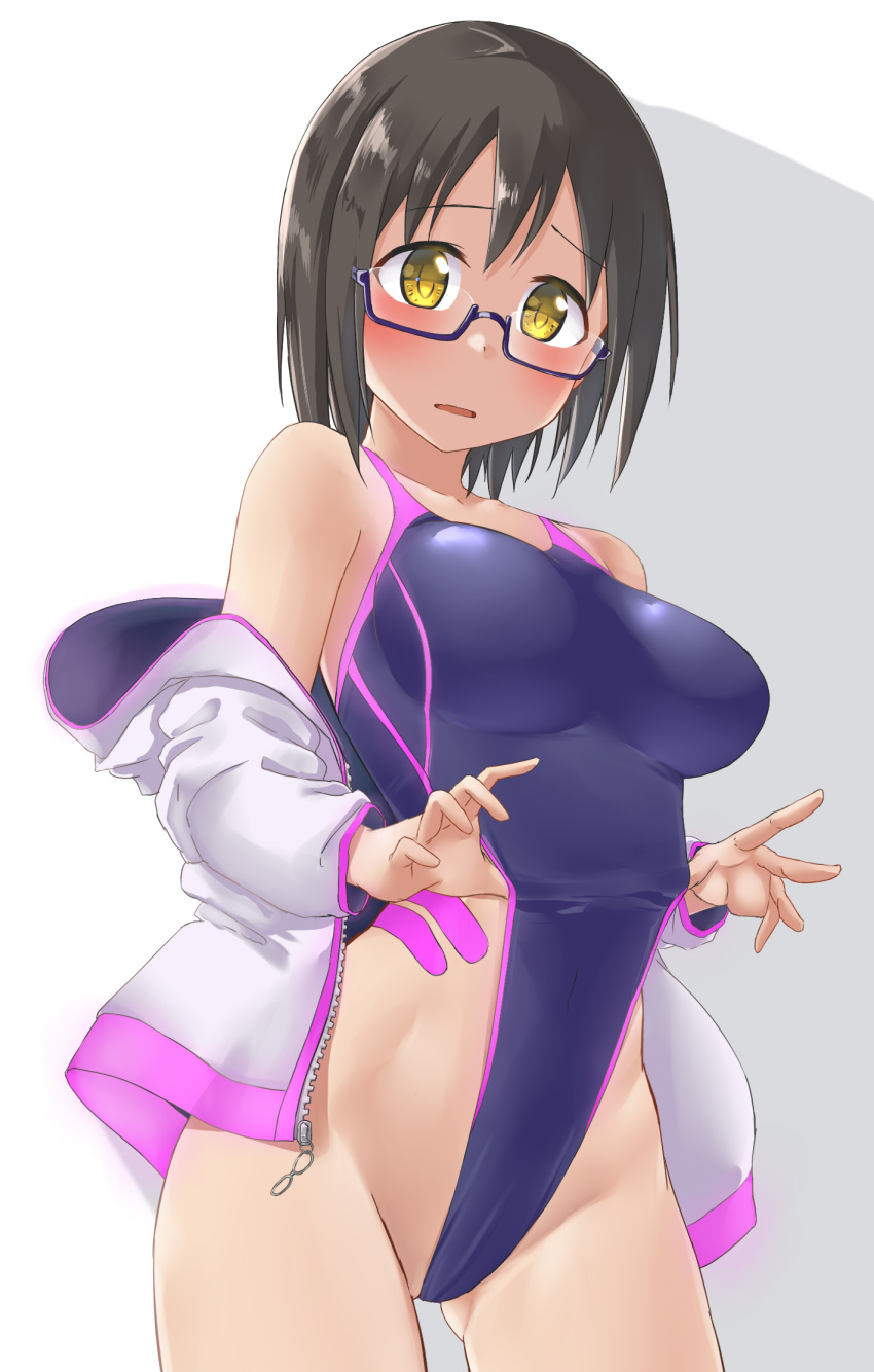 1girl adjusting_clothes adjusting_swimsuit aimobake black_hair blue-framed_eyewear blue_swimsuit blush breasts competition_swimsuit cowboy_shot grey_jacket highleg highleg_swimsuit highres idolmaster idolmaster_cinderella_girls jacket kamijou_haruna light_frown long_sleeves looking_at_viewer medium_breasts no_pants off_shoulder one-piece_swimsuit open_clothes open_jacket parted_lips semi-rimless_eyewear short_hair solo standing swimsuit under-rim_eyewear yellow_eyes zipper