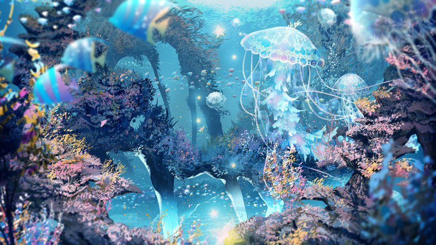 animal blurry commentary_request coral coral_reef day depth_of_field fish highres jellyfish light no_humans ocean original outdoors scenery school_of_fish star underwater water watermother2004