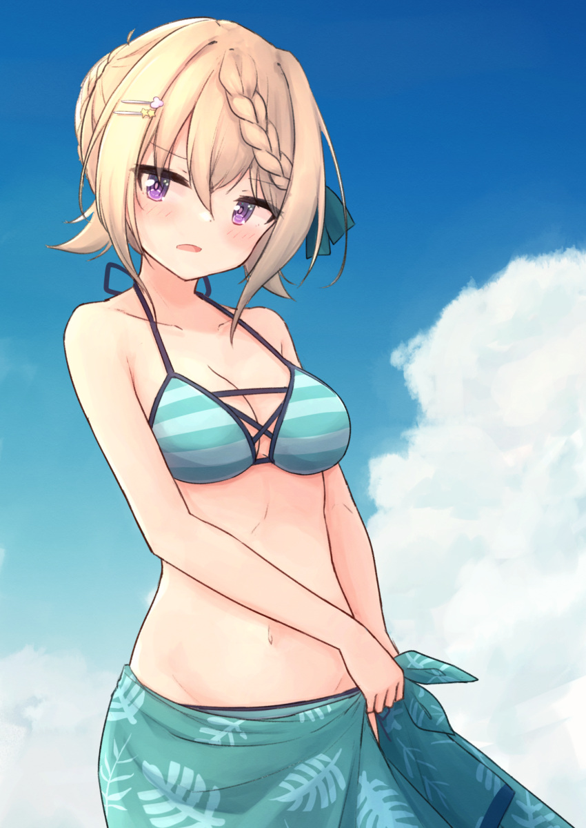 1girl bikini blonde_hair blue_sky braid braided_bangs braided_bun breasts centi_mnkt cloud cowboy_shot day hair_ornament hairclip highres kantai_collection medium_breasts official_alternate_costume outdoors perth_(kancolle) purple_eyes sarong sky solo striped striped_bikini swimsuit