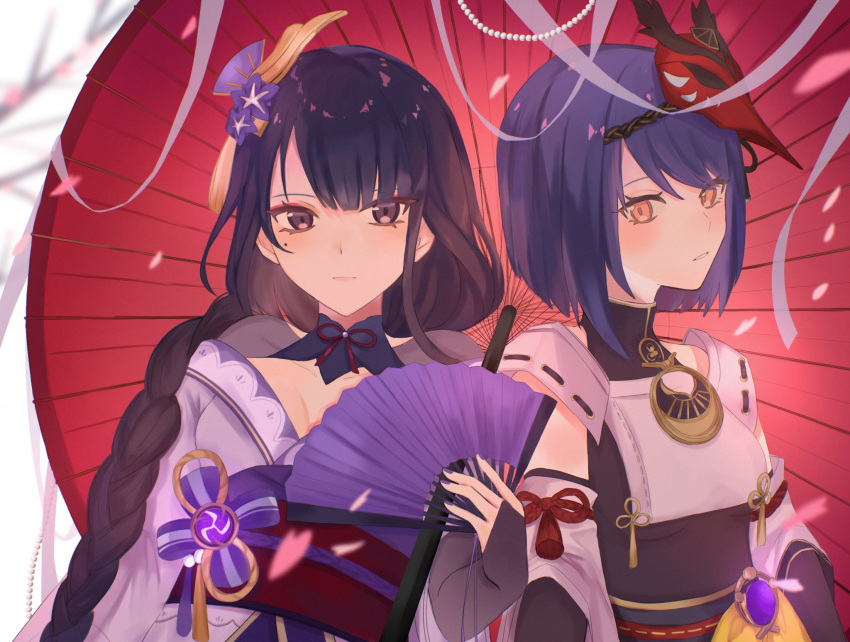 2girls bangs bare_shoulders black_hair blurry blurry_background blush braid breasts cleavage closed_mouth commentary_request detached_sleeves falling_petals flower folding_fan genshin_impact hand_fan highres holding holding_fan japanese_clothes jewelry kimono kujou_sara large_breasts long_hair looking_at_viewer mask mask_on_head medium_breasts medium_hair mole mole_under_eye multiple_girls nail_polish necklace nemui_(1ta24) open_mouth parted_lips pearl_necklace petals purple_eyes purple_flower purple_hair purple_nails raiden_(genshin_impact) ribbon sash tassel tree_branch umbrella vision_(genshin_impact) yellow_eyes