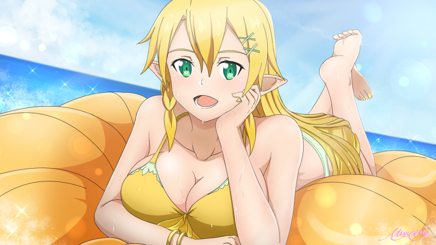 :d bangs barefoot bikini blonde_hair blue_sky braid breast_press breasts cleavage collarbone day dutch_angle front-tie_bikini front-tie_top grey_eyes hair_between_eyes hair_ornament halterneck highres large_breasts leafa lens_flare long_hair looking_at_viewer lying mysteryctu nail_polish ocean on_stomach open_mouth outdoors pointy_ears shiny shiny_hair signature sky smile soles sparkle swimsuit sword_art_online the_pose toenail_polish toenails twin_braids very_long_hair x_hair_ornament yellow_bikini yellow_nails