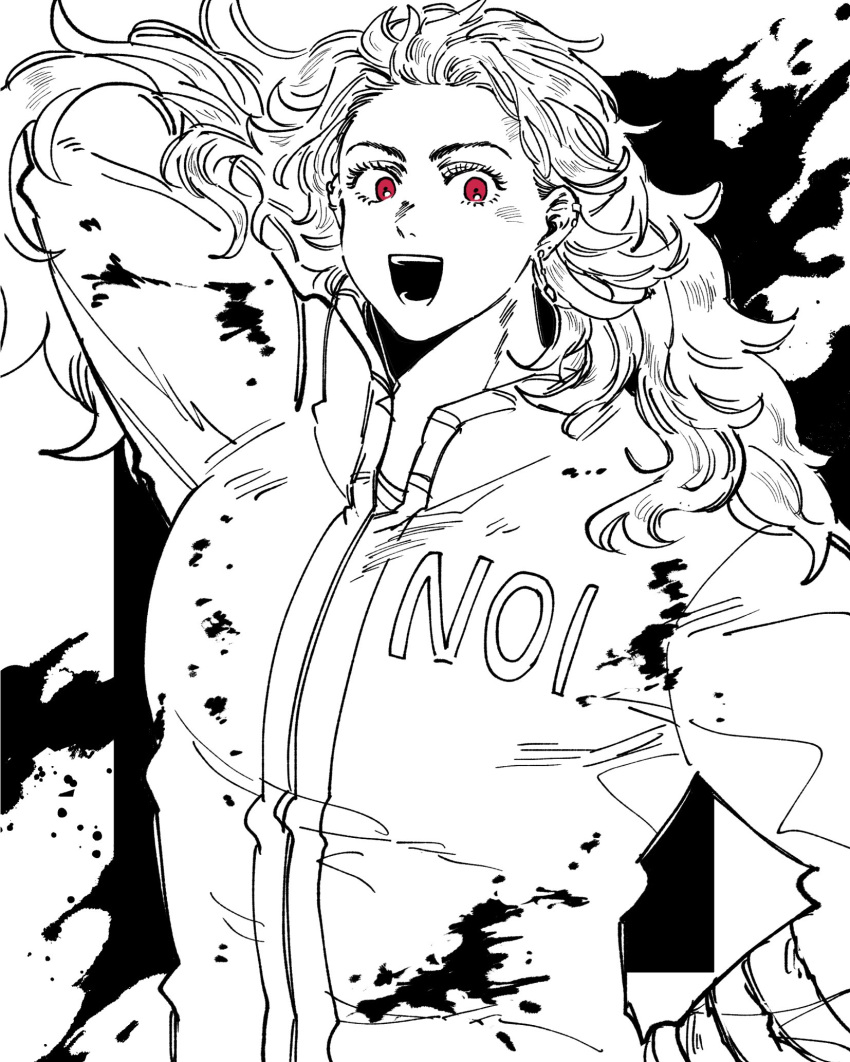 1girl :d arm_behind_back arm_up dorohedoro ear_piercing earrings english_text framed greyscale highres jacket jewelry long_hair monochrome noboriis_apj noi_(dorohedoro) open_mouth piercing red_eyes smile solo splatter spot_color track_jacket wavy_hair