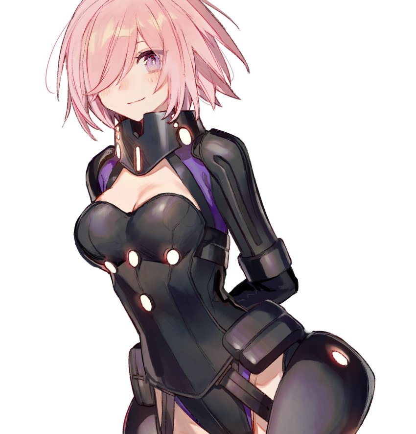 1girl armor armored_leotard arms_behind_back bangs black_armor black_leotard breasts chocoan commentary fate/grand_order fate_(series) hair_over_one_eye highleg highleg_leotard highres large_breasts leotard light_purple_hair looking_at_viewer mash_kyrielight ortenaus purple_eyes short_hair smile solo