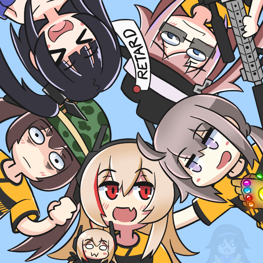 &gt;_&lt; 6+girls :d antenna_hair ar-15 bangs black_hair blonde_hair blue_eyes blue_sky blush braid brown_hair camouflage_helmet character_request clenched_hand closed_mouth doll fang fedora from_below ghost girls'_frontline gun hair_between_eyes hair_ornament hand_on_another's_shoulder hat helmet highres holding holding_gun holding_weapon infinity_gauntlet long_hair looking_at_another looking_at_viewer m14_(girls'_frontline) m200_(girls'_frontline) m4_sopmod_ii_(girls'_frontline) multicolored_hair multiple_girls oekaki open_mouth pink_hair ponytail purple_eyes red_eyes rifle serjatronic short_sleeves side_ponytail sky smile soccer_uniform sportswear st_ar-15_(girls'_frontline) streaked_hair sunglasses twin_braids weapon wide-eyed