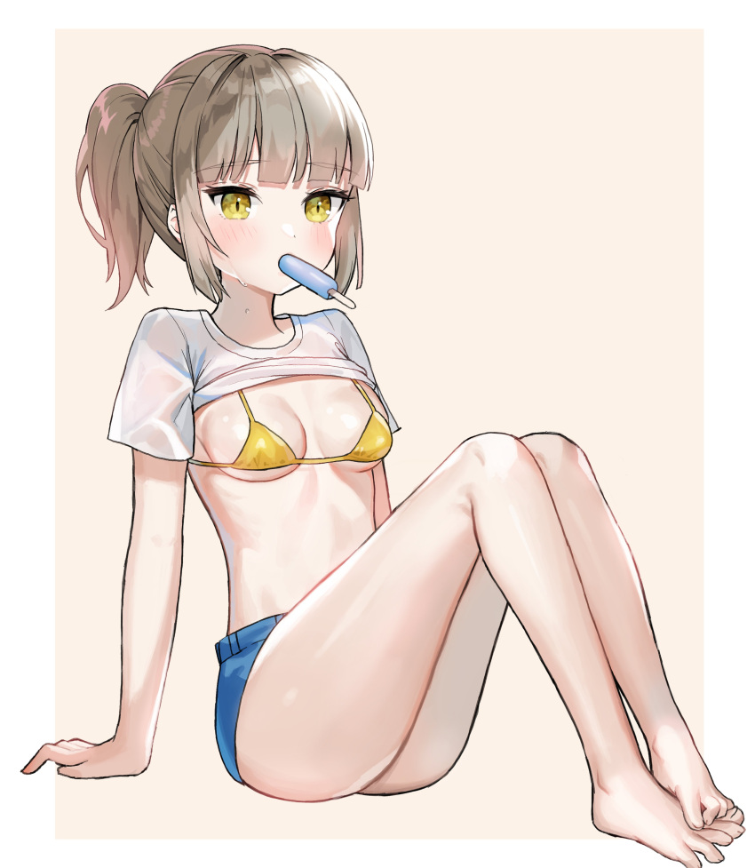 1girl absurdres ass barefoot bikini blue_shorts boku_no_kanojo_wa_ningyohime!? breasts brown_hair clothes_lift denim denim_shorts food highres hyoin knees_up long_hair looking_at_viewer micro_shorts mouth_hold ponytail popsicle rin_(boku_no_kanojo_wa_ningyohime!?) shirt shirt_lift short_sleeves shorts sidelocks sitting small_breasts solo stomach string_bikini swimsuit talesshop thighs white_shirt yellow_bikini yellow_eyes