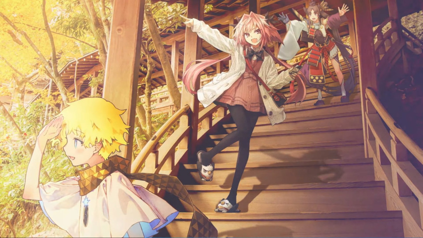 1girl 2boys animal_slippers armor astolfo_(fate) astolfo_(saber)_(fate) asymmetrical_clothes asymmetrical_sleeves baggy_clothes bangs black_bow black_legwear black_ribbon blonde_hair blue_eyes bow braid breast_curtains bright_pupils fang fate/apocrypha fate/grand_order fate/requiem fate_(series) feather_hair_ornament feathers hair_intakes hair_ornament highres hippogriff japanese_armor leotard leotard_under_clothes long_hair low_twintails male_focus mismatched_sleeves multicolored_hair multiple_boys otoko_no_ko parted_bangs pink_hair purple_eyes purple_sleeves revealing_clothes ribbon scarf shoulder_armor single_pantsleg skin_fang slippers sode streaked_hair twintails ushiwakamaru_(fate) voyager_(fate) white_hair white_sleeves yellow_scarf