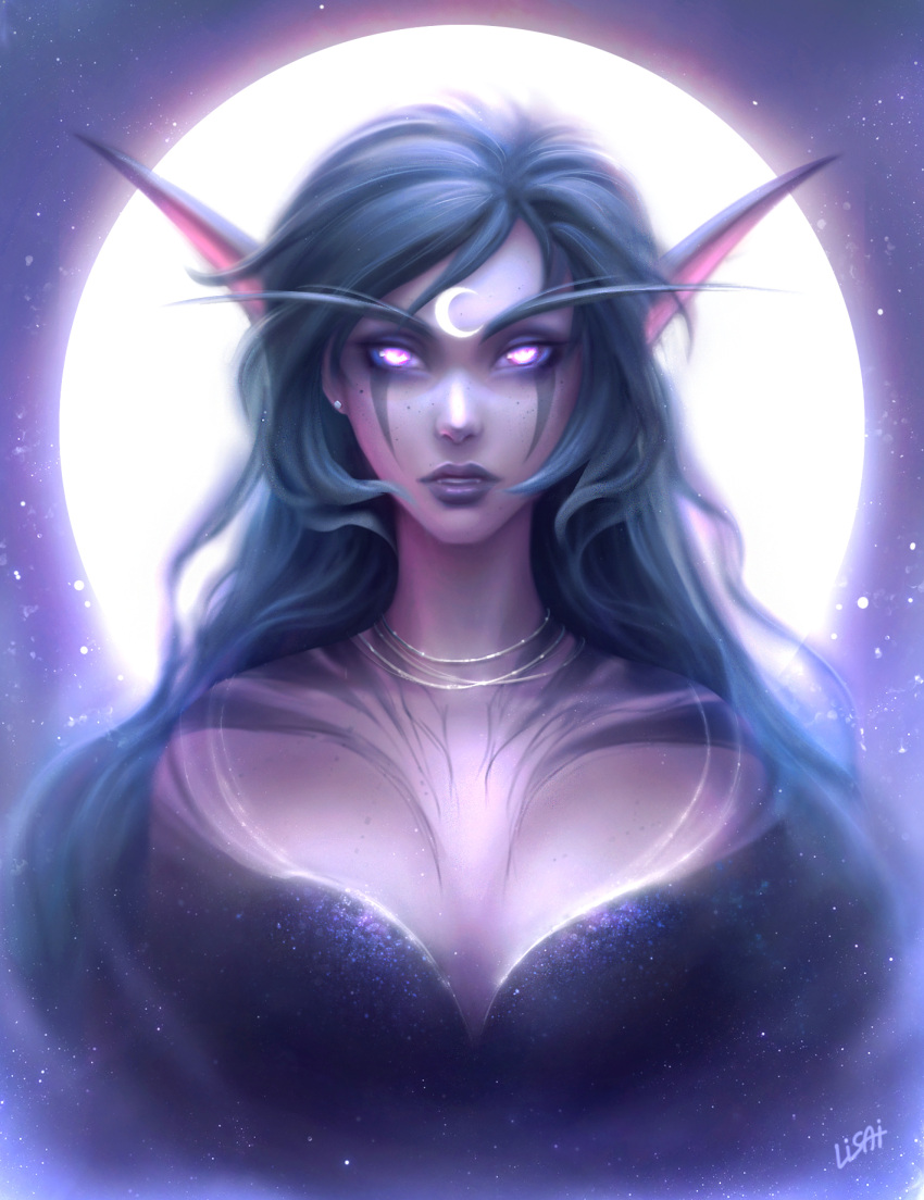 1girl alisa_nilsen elf facial_mark forehead_jewel full_moon green_hair highres long_eyelashes long_hair looking_at_viewer moon night_elf parted_lips pink_hair pink_lips pointy_ears purple_eyes purple_lips signature solo upper_body warcraft world_of_warcraft