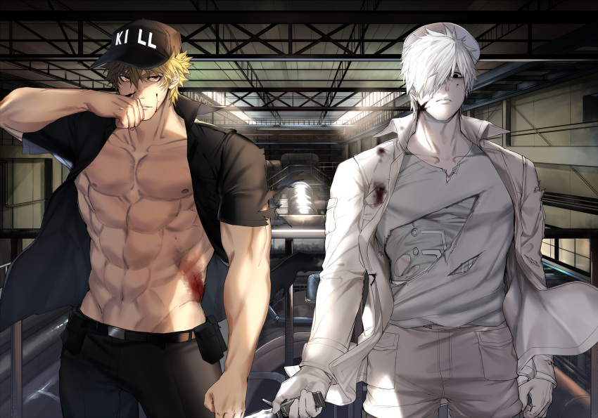 2boys abs bare_pectorals baseball_cap black_pants blonde_hair blood blood_on_face bloody_clothes colored_skin hair_over_one_eye hat hataraku_saibou highres holding holding_knife killer_t_(hataraku_saibou) knife looking_at_viewer male_focus military military_uniform multiple_boys muscular muscular_male navel nipples nosebleed open_clothes open_shirt pants pectorals serious shirt short_hair short_sleeves silver_hair stomach toned toned_male torn_clothes torn_shirt tsunami_(sorudora) u-1146 uniform white_blood_cell_(hataraku_saibou) white_skin wind