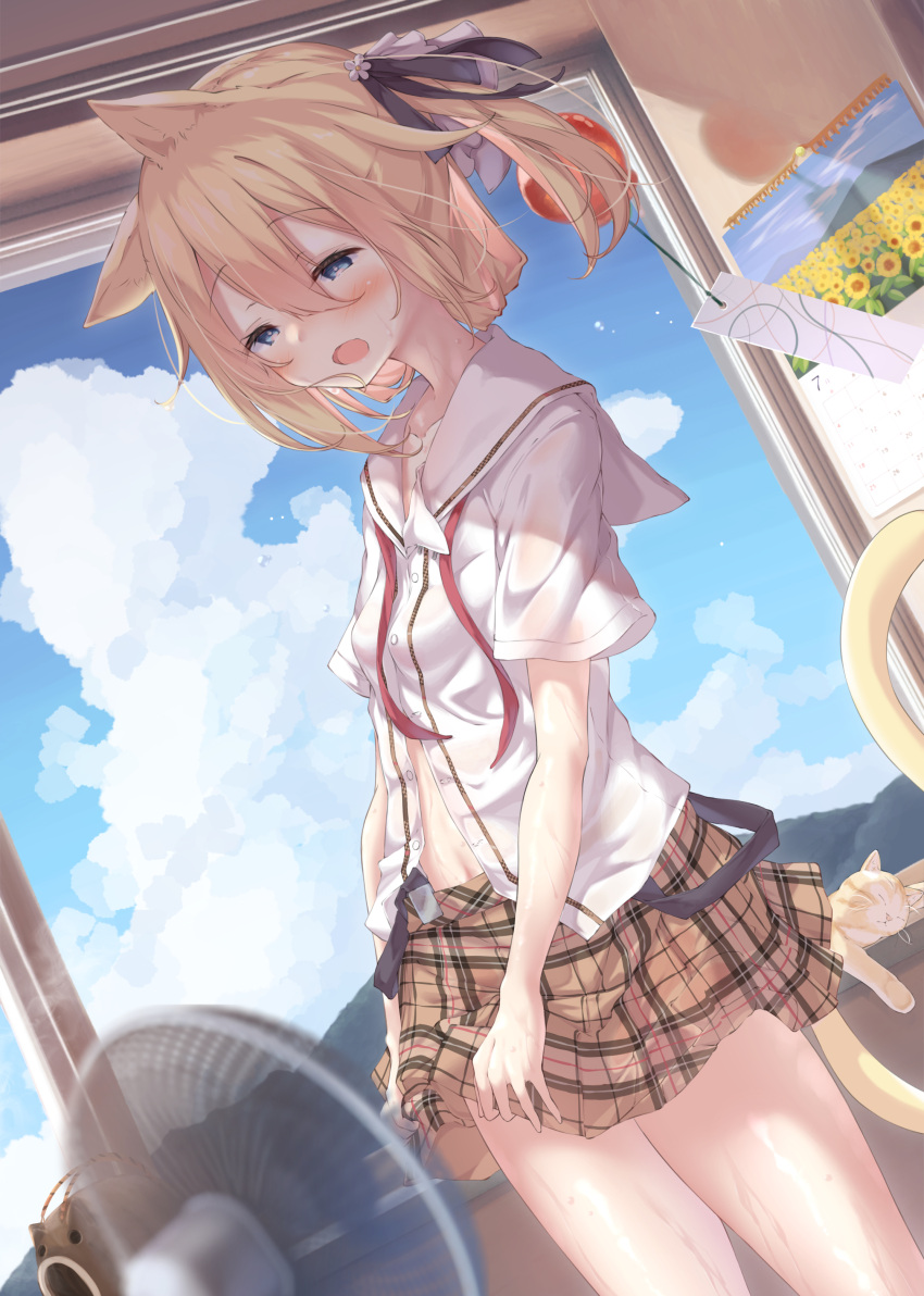 animal_ears neko nekomimi open_shirt see_through seifuku skirt_lift tagme tail wet