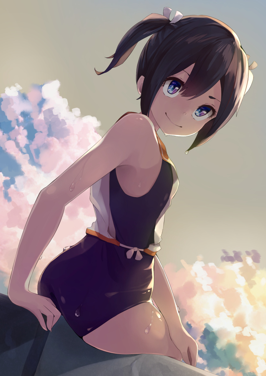1girl black_hair blue_eyes cloud commentary_request cosplay cowboy_shot gradient_sky highres i-401_(kancolle) i-401_(kancolle)_(cosplay) kantai_collection long_hair looking_at_viewer orange_sailor_collar rock sailor_collar school_swimsuit shirt side-tie_shirt sitting sky sleeveless sleeveless_shirt solo souryuu_(kancolle) swimsuit swimsuit_under_clothes taisho_(gumiyuki) twintails younger