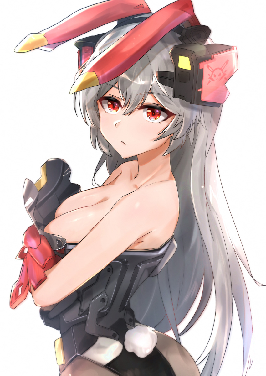 1girl absurdres animal_ears armor armored_leotard bare_back bare_shoulders black_legwear breasts charolic_(girls'_frontline_2) cleavage closed_mouth collarbone crossed_arms eyebrows_visible_through_hair fake_animal_ears feet_out_of_frame from_side girls'_frontline girls'_frontline_2:_exilium grey_hair hair_ornament highres long_hair looking_at_viewer medium_breasts muteppona_hito pantyhose rabbit_tail red_eyes sideboob solo standing tail white_background
