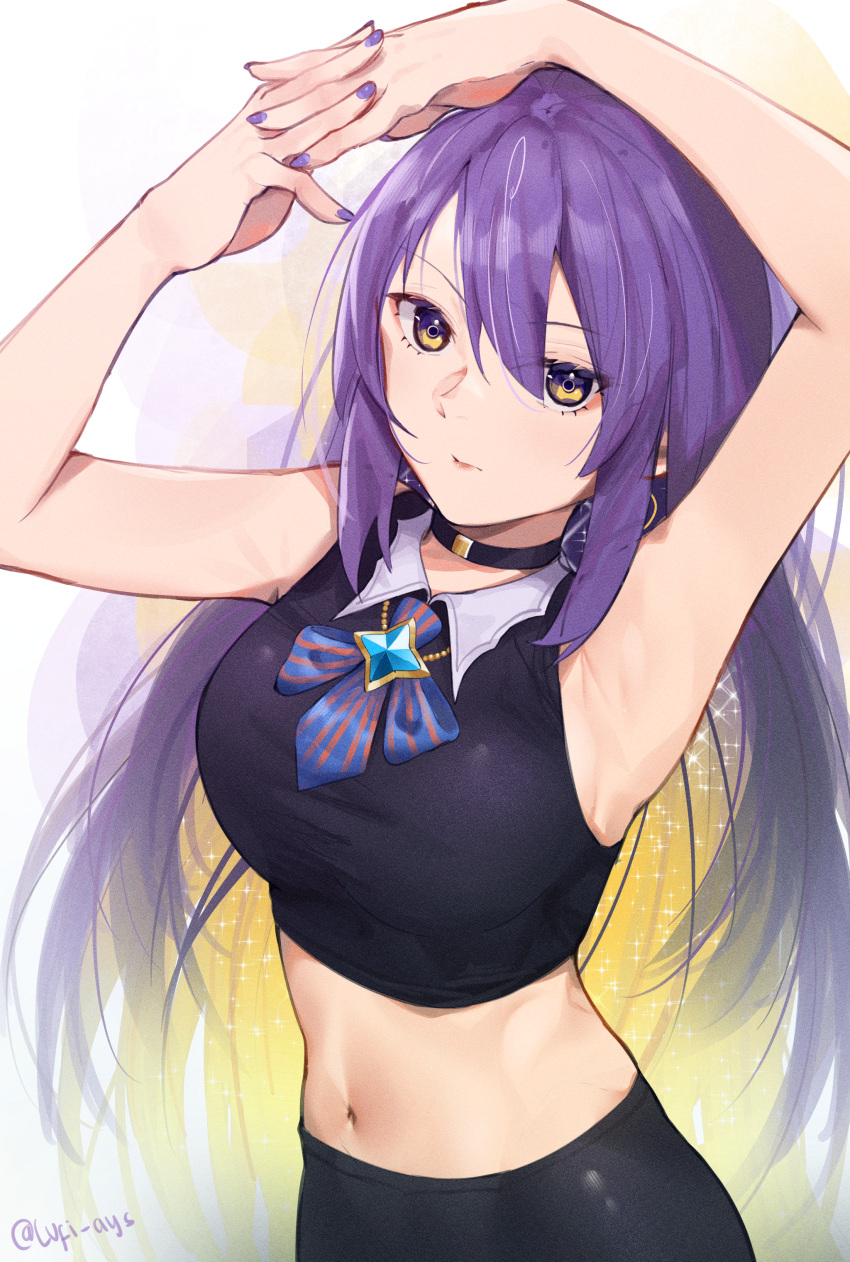 1girl absurdres armpits arms_up artist_name bare_arms bare_shoulders black_choker black_legwear black_shirt blue_nails bow bowtie breasts choker crop_top highres hololive hololive_indonesia huge_filesize jewelry leggings long_hair looking_at_viewer lufi_ays midriff moona_hoshinova multicolored multicolored_nails nail_polish navel purple_hair purple_nails shirt sleeveless sleeveless_shirt solo sparkle stomach twitter_username virtual_youtuber yellow_eyes