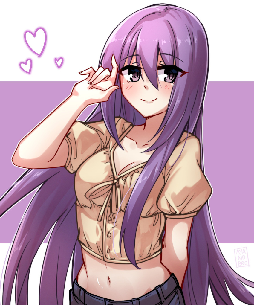 ayanobro bangs blush breasts cleavage gj-bu heart highres long_hair midriff purple_eyes purple_hair smile solo sumeragi_shion very_long_hair waving