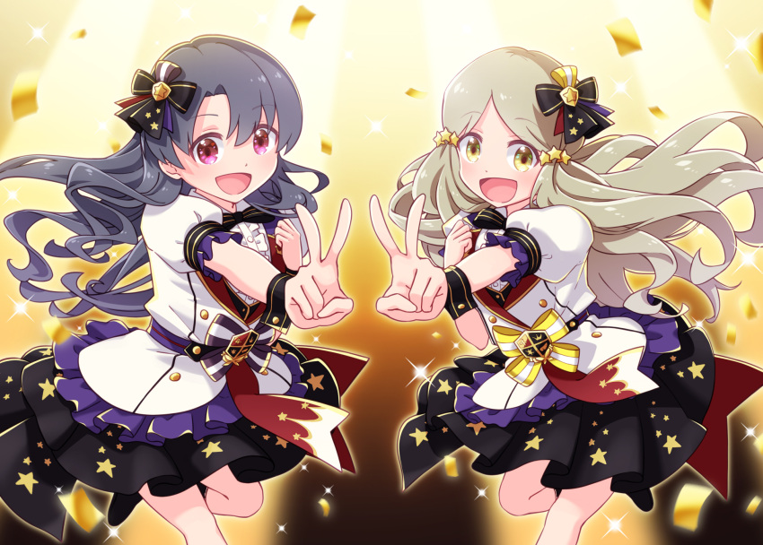 2girls :d bangs black_footwear black_hair black_skirt black_vest blurry blurry_background boots brown_eyes center_frills commentary_request confetti depth_of_field eyebrows_visible_through_hair feet_out_of_frame frills grey_hair hair_between_eyes hair_ornament handa_roko highres idolmaster idolmaster_million_live! idolmaster_million_live!_theater_days jacket multiple_girls open_mouth outstretched_arm parted_bangs pleated_skirt puffy_short_sleeves puffy_sleeves purple_eyes sansei_rain shirt short_sleeves skirt smile standing standing_on_one_leg star_(symbol) star_hair_ornament takayama_sayoko v vest white_jacket white_shirt wrist_cuffs