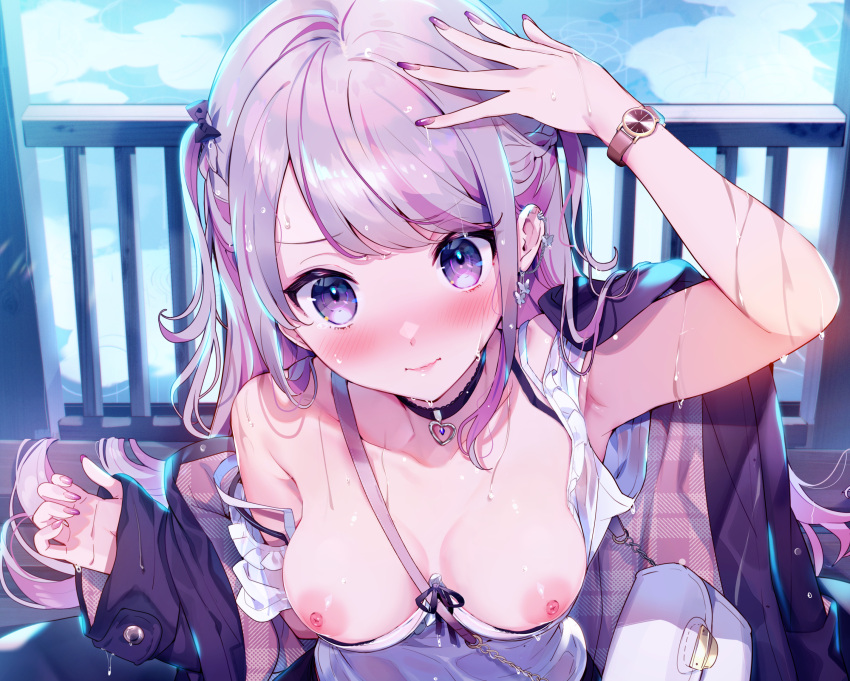 blush bow bra braids choker close cropped cut_(bu-kunn) long_hair nipple_slip nipples original purple_eyes purple_hair rain see_through third-party_edit twintails underwear undressing water wet wristwear