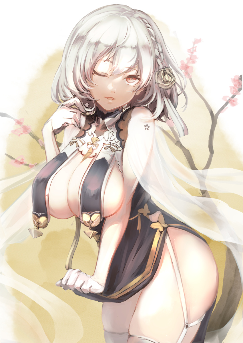 1girl absurdres azur_lane bare_shoulders braid breast_curtains breasts cherry_blossoms china_dress chinese_clothes dress flower garter_straps gloves grey_dress hair_flower hair_ornament half_gloves highres large_breasts medium_hair neckwear_between_breasts official_alternate_costume one_eye_closed pelvic_curtain red_eyes revealing_clothes see-through_sleeves sheer_clothes simple_background sirius_(azur_lane) sirius_(azure_horizons)_(azur_lane) solo tree_branch two-tone_leotard white_gloves white_hair white_legwear ymmt159208