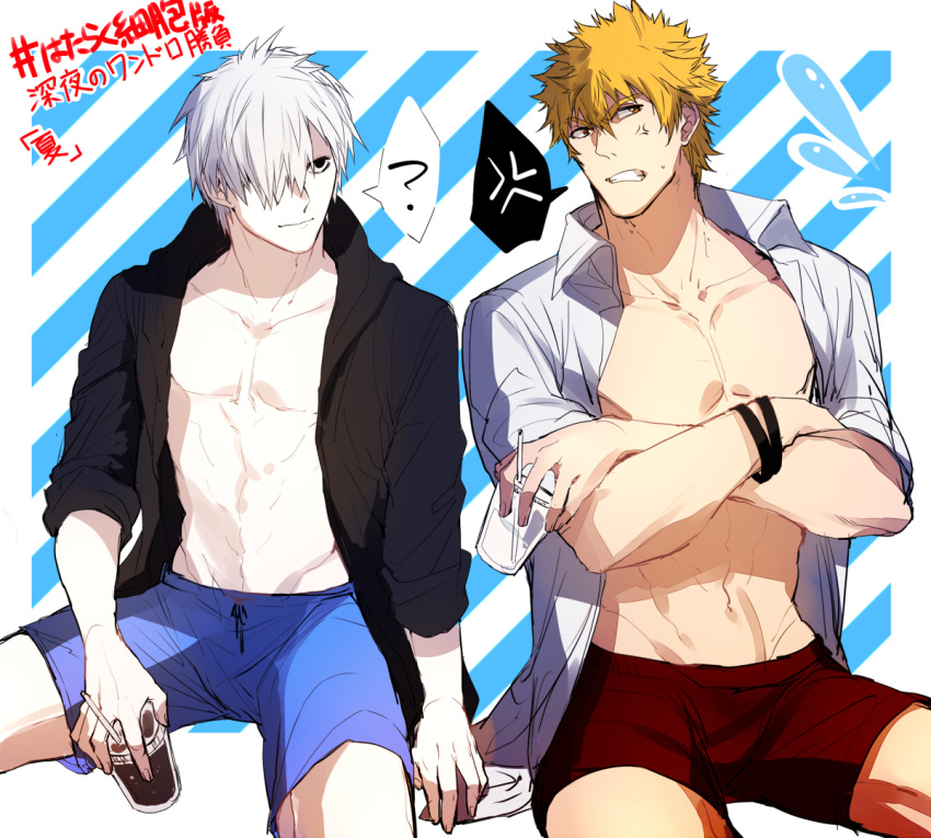 2boys ? abs alternate_costume anger_vein bare_pectorals black_jacket blonde_hair blue_male_swimwear colored_skin crossed_arms hair_over_one_eye hataraku_saibou hood hooded_jacket jacket killer_t_(hataraku_saibou) male_focus male_swimwear multiple_boys navel nipples no_nipples open_clothes open_jacket open_shirt pectorals red_male_swimwear short_hair short_sleeves silver_hair sitting smile spoken_question_mark stomach swim_trunks toned toned_male translation_request tsunami_(sorudora) u-1146 white_blood_cell_(hataraku_saibou) white_skin