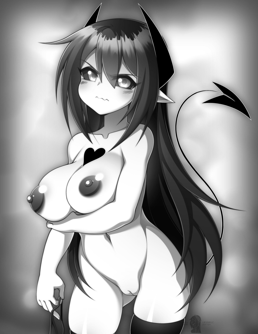 breast_hold devil horns iryanic monochrome naked nipples pointy_ears pussy tail thighhighs uncensored