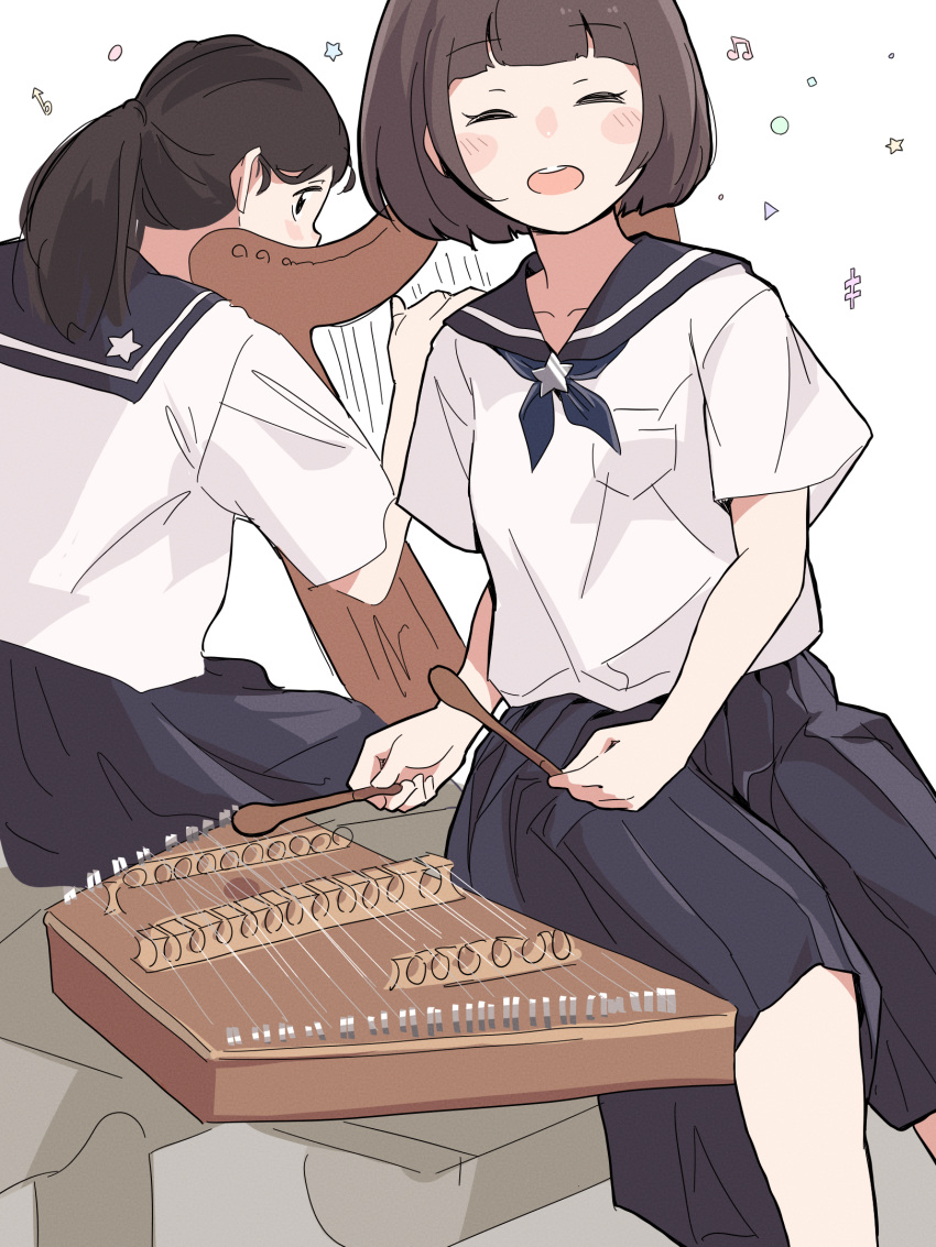 2girls :d bangs black_hair blue_neckwear blue_sailor_collar blunt_bangs blush blush_stickers bob_cut brown_hair closed_eyes collarbone commentary drumsticks eyelashes hammer_dulcimer harp highres holding holding_drumsticks instrument long_hair long_skirt looking_at_viewer looking_back multiple_girls music musical_note neckerchief open_mouth original playing_instrument pleated_skirt ponytail sailor_collar school_uniform serafuku shapes shirt short_hair short_sleeves sitting skirt smile star_(symbol) symbol tariki_fretless upper_teeth white_shirt