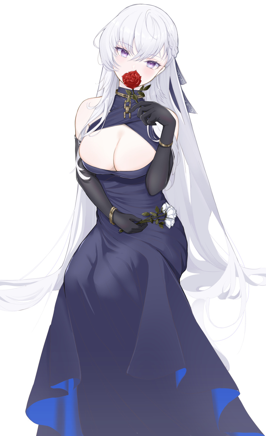 1girl absurdres azur_lane bare_shoulders belfast_(azur_lane) belfast_(the_noble_attendant)_(azur_lane) black_gloves blue_dress blue_ribbon blush bracelet breasts chain_necklace cleavage covering_mouth dress elbow_gloves eyebrows_visible_through_hair flower gloves hair_ribbon highres holding holding_flower jewelry long_hair looking_at_viewer marumai medium_breasts purple_eyes red_flower red_rose ribbon rose silver_hair sitting solo very_long_hair white_background white_hair