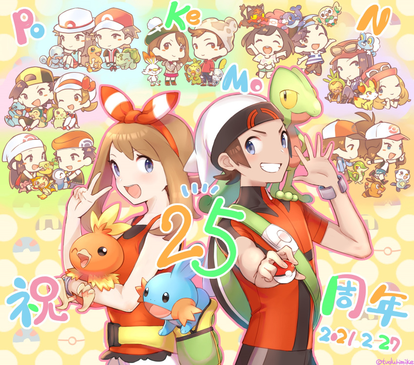 6+boys 6+girls :d backpack bag bangs beanie blush bow_hairband bracelet brendan_(pokemon) brown_hair bulbasaur calem_(pokemon) charmander chespin chikorita chimchar commentary_request cyndaquil dated dawn_(pokemon) elio_(pokemon) ethan_(pokemon) eyelashes fanny_pack fennekin froakie gen_1_pokemon gen_2_pokemon gen_3_pokemon gen_4_pokemon gen_5_pokemon gen_6_pokemon gen_7_pokemon gen_8_pokemon gloria_(pokemon) green_bag grey_eyes grin grookey hairband hand_up hat highres hilbert_(pokemon) hilda_(pokemon) holding holding_poke_ball holding_pokemon jacket jewelry leaf_(pokemon) litten looking_at_viewer lucas_(pokemon) lyra_(pokemon) may_(pokemon) mudkip multiple_boys multiple_girls number on_shoulder open_mouth oshawott piplup poke_ball poke_ball_(basic) pokemon pokemon_(creature) pokemon_(game) pokemon_bw pokemon_dppt pokemon_frlg pokemon_hgss pokemon_on_shoulder pokemon_oras pokemon_sm pokemon_swsh pokemon_xy popplio red_(pokemon) rowlet scorbunny selene_(pokemon) serena_(pokemon) shirt short_hair short_sleeves shorts sleeveless sleeveless_shirt smile snivy sobble squirtle starter_pokemon_trio teeth tepig tongue torchic totodile treecko tudurimike turtwig upper_teeth v victor_(pokemon) white_headwear white_shorts yellow_bag