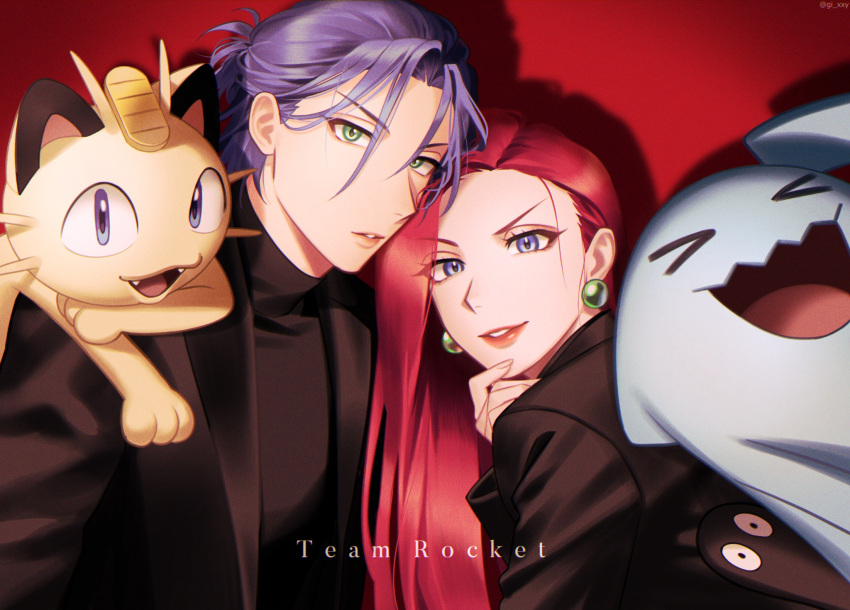 &gt;_&lt; 1boy 1girl :d black_jacket blue_hair cat earrings english_text formal gem gen_1_pokemon gen_2_pokemon highres jacket james_(pokemon) jessie_(pokemon) jewelry looking_at_viewer meowth open_mouth parted_lips pink_hair pokemon pokemon_(anime) pokemon_(creature) ruru_(gi_xxy) smile team_rocket wobbuffet xd