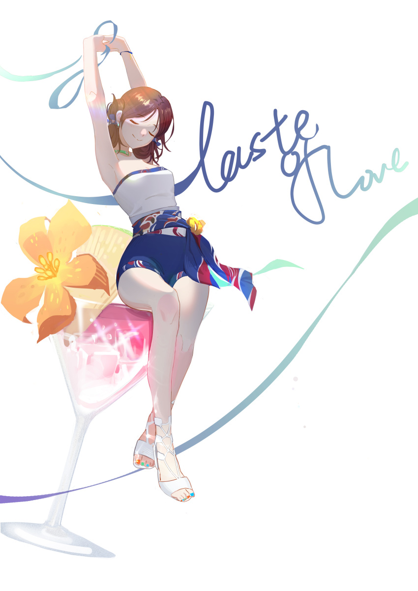 1girl ^_^ absurdres bare_shoulders blue_ribbon blue_shorts breasts brown_hair cleavage closed_eyes cocktail_glass cup drinking_glass flower hair_behind_ear highres k-pop llxhh medium_breasts nail_polish nayeon_(twice) real_life ribbon shirt shorts sitting smile solo stretch tied_hair toenail_polish toenails twice_(group) white_background white_shirt yellow_flower