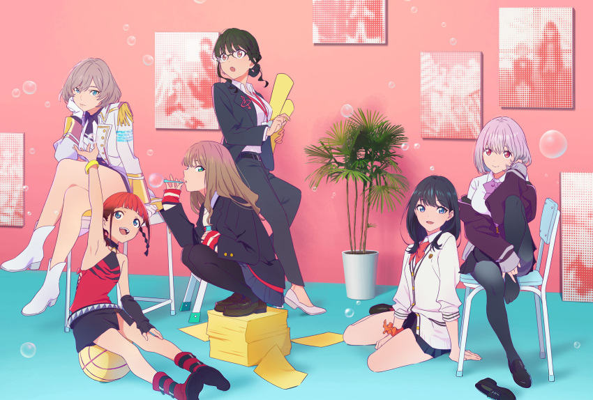 anosillus_ii asukagawa_chise basketball bubble bubble_blowing crossed_legs crossover desk gridman_universe highres hugging_own_legs minami_yume mujina nakamura_mayumi office_lady official_art on_desk paper_stack playing_with_own_hair shinjou_akane shoe_dangle sitting sitting_on_desk ssss.dynazenon ssss.gridman takarada_rikka