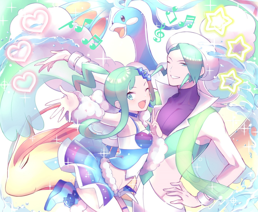 1boy 1girl ;d altaria arm_up arm_warmers bangle blue_footwear boots bracelet commentary_request crop_top eyelashes gen_3_pokemon green_eyes green_hair gym_leader hand_on_hip heart high_collar highres jewelry leg_up lisia_(pokemon) milotic musical_note one_eye_closed open_mouth outstretched_arm pants pokemon pokemon_(creature) pokemon_(game) pokemon_oras purple_shirt shirt shorts shorts_under_skirt showgirl_skirt single_thighhigh skin_tight sleeveless sleeveless_shirt smile sparkle star_(symbol) thighhighs tongue tudurimike uncle_and_niece wallace_(pokemon) water water_drop white_pants