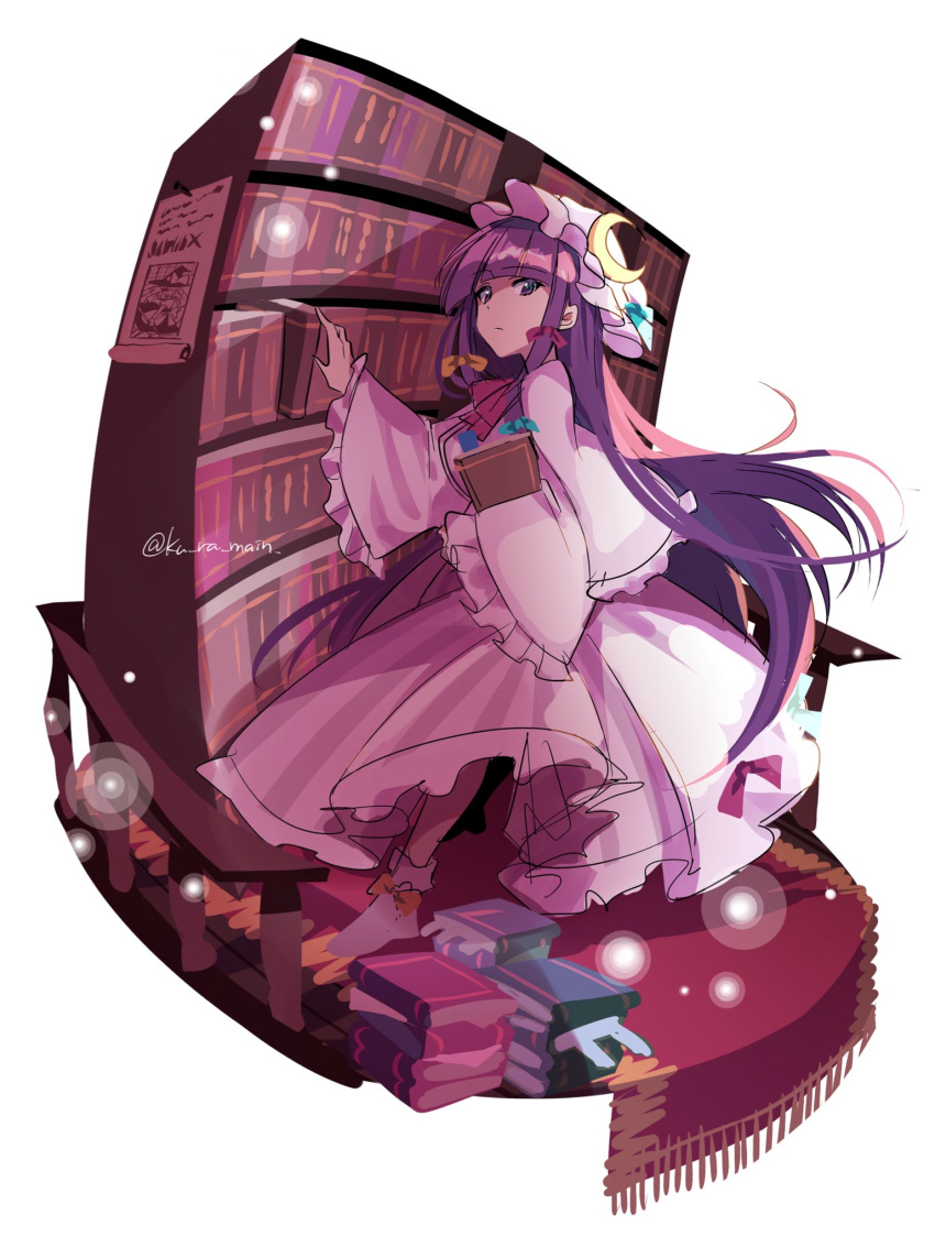 1girl bangs blue_bow blue_ribbon blunt_bangs book book_stack bookshelf bow commentary crescent crescent_hat_ornament crescent_pin dress dress_bow eyebrows_visible_through_hair footwear_bow frilled_dress frilled_sleeves frills full_body hair_bow handrail hat hat_ornament hat_ribbon highres holding holding_book kuroshirase long_hair looking_at_viewer mob_cap patchouli_knowledge poster_(object) purple_eyes purple_hair red_bow red_neckwear ribbon robe rug simple_background sketch solo touhou twitter_username very_long_hair watermark white_background wide_sleeves yellow_bow