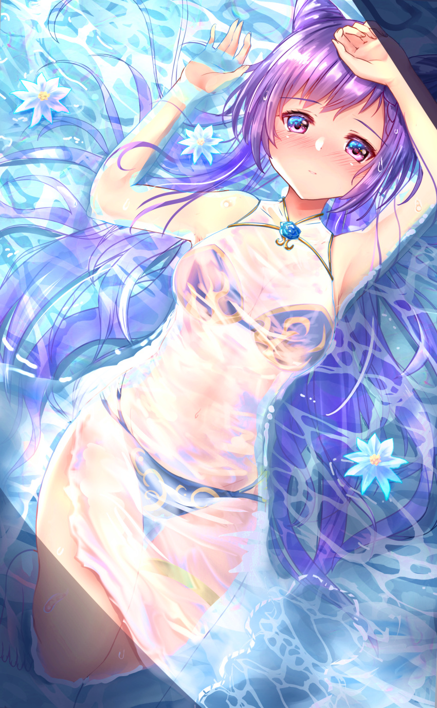 1girl absurdres afloat alternate_costume arm_up armpits bangs blush breasts cleavage commentary_request double_bun eyebrows_visible_through_hair genshin_impact hair_between_eyes highres izumikuu keqing_(genshin_impact) long_hair looking_at_viewer lying midriff navel parted_lips purple_eyes purple_hair see-through sidelocks solo swimsuit twintails wet wet_clothes wet_swimsuit