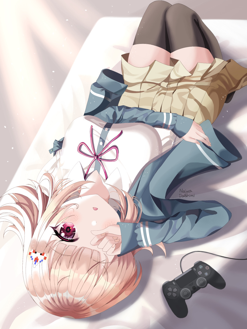 1girl absurdres alternate_eye_color artist_name bad_perspective bangs bed black_legwear blush breasts brown_skirt collared_shirt commentary danganronpa_(series) danganronpa_2:_goodbye_despair dress_shirt eyebrows_visible_through_hair green_jacket hair_ornament hand_over_eye highres jacket knees_up large_breasts light_brown_hair long_sleeves lying najwa_ibrahimi nanami_chiaki neck_ribbon on_bed one_eye_closed open_mouth pink_eyes playstation_controller pleated_skirt red_eyes red_ribbon ribbon shirt skirt solo thighhighs white_shirt