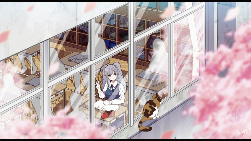 1girl blue_dress blurry blurry_foreground cat chair cherry_blossoms classroom desk dress from_outside grey_hair highres idolmaster idolmaster_shiny_colors letterboxed long_hair long_sleeves looking_out_window looking_outside pinafore_dress purple_eyes school_desk sitting twintails waving window writing yadokugaeru yuukoku_kiriko