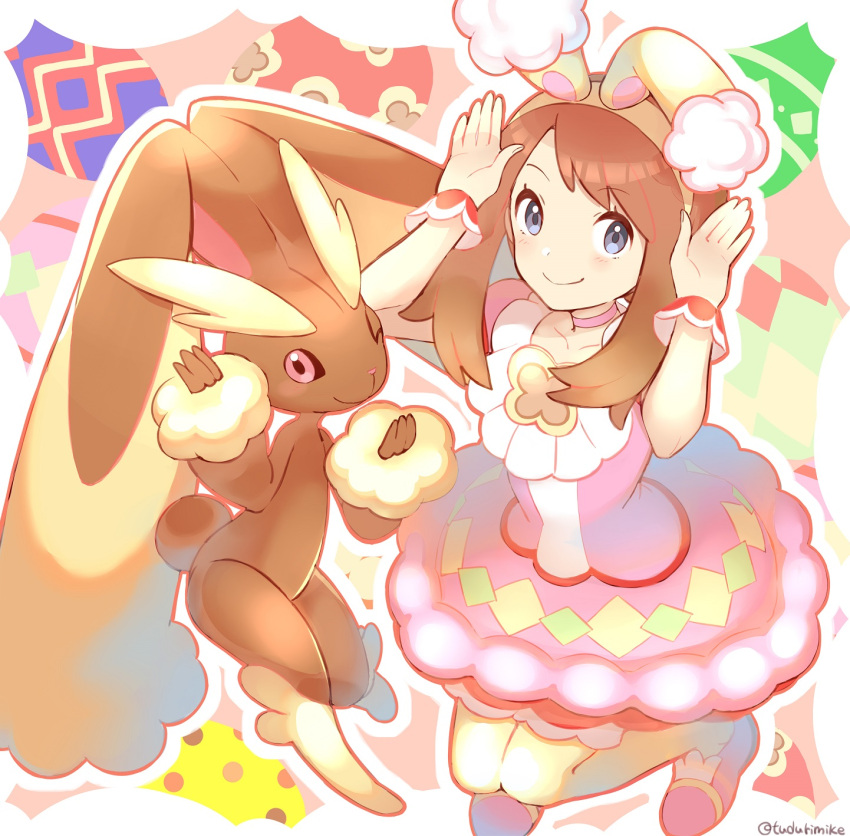 1girl animal_ears bangs blush brown_hair bunny_pose closed_mouth commentary_request dress eyebrows_visible_through_hair eyelashes fake_animal_ears gen_4_pokemon grey_eyes hairband highres looking_at_viewer lopunny may_(pokemon) official_alternate_costume outline pantyhose pink_dress pink_footwear pokemon pokemon_(creature) pokemon_(game) pokemon_masters_ex rabbit_ears shoes short_sleeves smile tudurimike wrist_cuffs yellow_hairband yellow_legwear