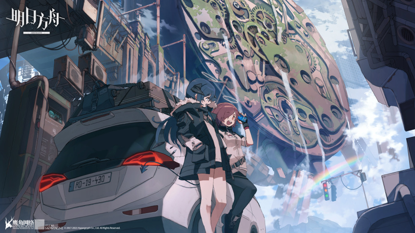 2girls arknights black_footwear black_jacket black_legwear black_shorts blue_eyes blue_hair blue_tongue boots car cellphone chinese_commentary colored_tongue copyright_name demon_horns demon_tail exusiai_(arknights) fur-trimmed_hood fur_trim ground_vehicle hair_over_one_eye halo hand_in_pocket highres holding holding_phone hood horns jacket leaning_against_vehicle license_plate long_hair luggage mostima_(arknights) motor_vehicle multiple_girls official_alternate_costume open_mouth outdoors pantyhose phone rainbow red_hair shirt short_hair short_shorts shorts smartphone tail traffic_light upper_teeth watermark white_jacket white_shirt