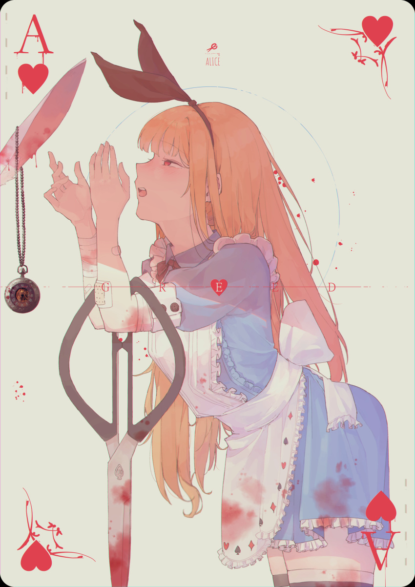1girl absurdres ace_of_hearts alice_(alice_in_wonderland) alice_in_wonderland animal_ears apron bandaged_arm bandages bangs black_hairband blonde_hair blood blood_splatter bloody_bandages bloody_clothes bloody_scissors blue_dress bow_hairband card character_name commentary_request cowboy_shot dress eyebrows_visible_through_hair from_side green_background hairband hands_up hayoou02 heart highres jewelry korean_commentary leaning_forward long_hair maid_apron necklace open_mouth playing_card profile rabbit_ears red_eyes scissors short_sleeves simple_background solo thighhighs upper_teeth