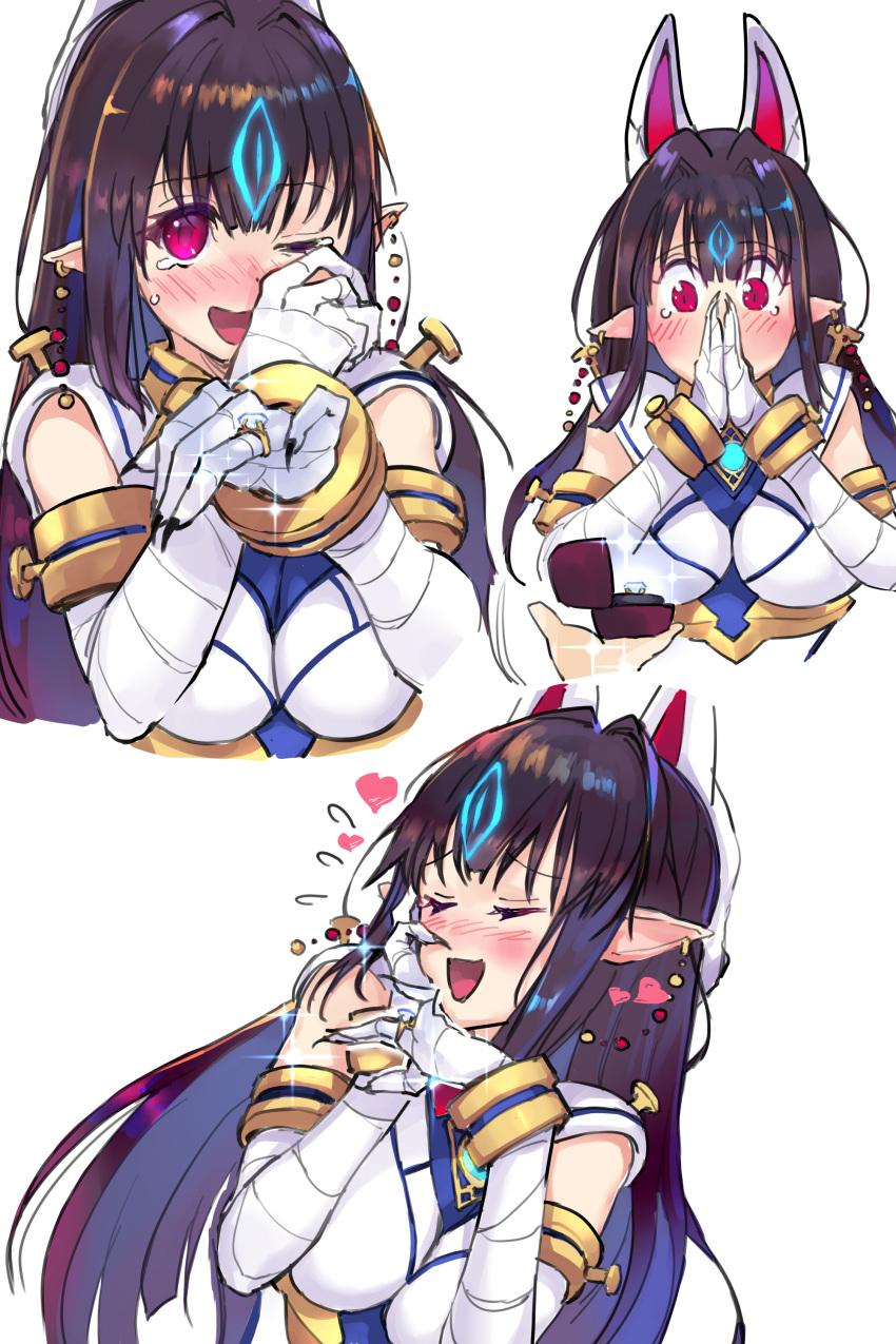 1girl absurdres animal_ears aura black_hair blush breasts earrings fox_mask hair_ornament happy_tears heart highres japanese_clothes jewelry kasandra_(xenoblade) large_breasts long_hair looking_at_viewer mask negresco one_eye_closed open_mouth pointy_ears proposal red_eyes ring ring_box simple_background smile solo tears wedding_ring white_background xenoblade_chronicles_(series) xenoblade_chronicles_2