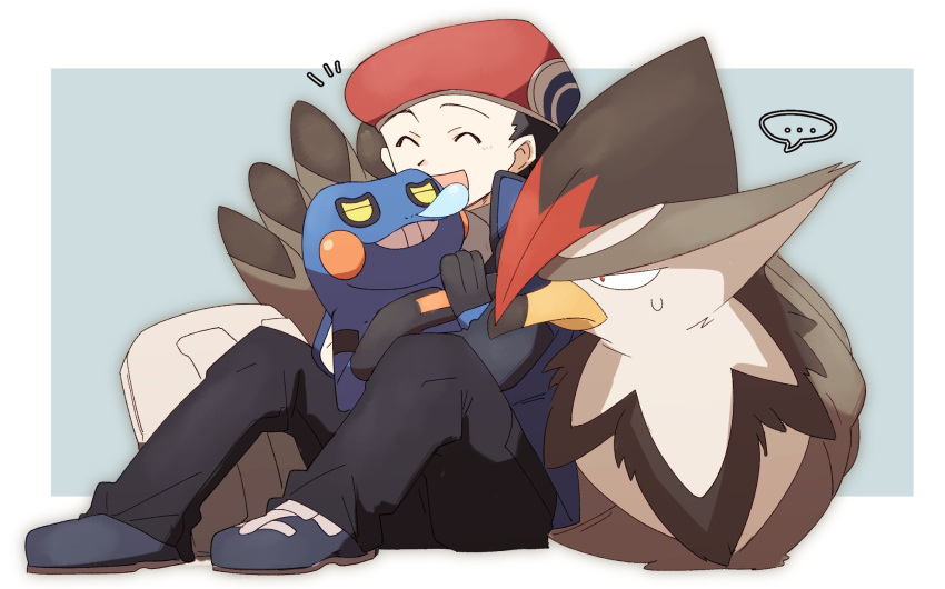 ... 1boy bird black_pants blue_jacket blush closed_eyes closed_mouth croagunk gen_4_pokemon grey_footwear hat highres jacket lucas_(pokemon) male_focus morio_(poke_orio) notice_lines open_mouth pants pokemon pokemon_(creature) pokemon_(game) pokemon_dppt pokemon_platinum red_headwear scarf shoes sitting smile spoken_ellipsis staraptor sweatdrop |d