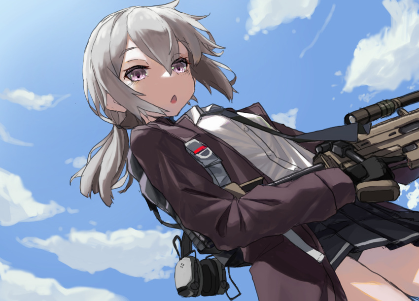 1girl backpack bag black_gloves black_neckwear black_panties black_skirt bolt_action chestnut_mouth cheytac_m200 cloud cloudy_sky collared_shirt commentary_request dutch_angle from_below girls'_frontline gloves grey_hair gun hair_between_eyes headset headset_removed holding holding_gun holding_weapon jacket long_hair looking_at_viewer m200_(girls'_frontline) necktie open_clothes open_jacket open_mouth panties pantyshot pleated_skirt ponytail purple_eyes rifle scope shirt skirt sky sniper_rifle solo trigger_discipline underwear upskirt weapon white_shirt yanagui