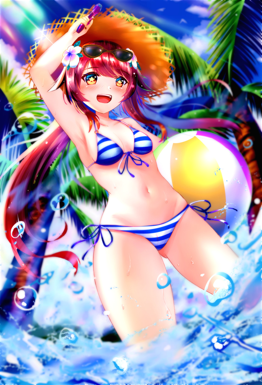 1girl :d absurdres alternate_costume arm_up armpits ball bangs beachball bikini blue_sky blurry breasts brown_hair carrying cleavage cloud cloudy_sky coconut_tree collarbone commentary_request depth_of_field eyebrows_visible_through_hair eyewear_on_head flower genshin_impact hair_between_eyes hair_flower hair_ornament hat highres holding holding_water_gun horizontal_stripes hu_tao_(genshin_impact) in_water izumikuu long_hair looking_at_viewer midriff navel ocean open_mouth palm_tree red_eyes side-tie_bikini sidelocks sky smile solo straw_hat striped striped_bikini sunglasses sunlight swimsuit symbol-shaped_pupils tree twintails water_drop water_gun