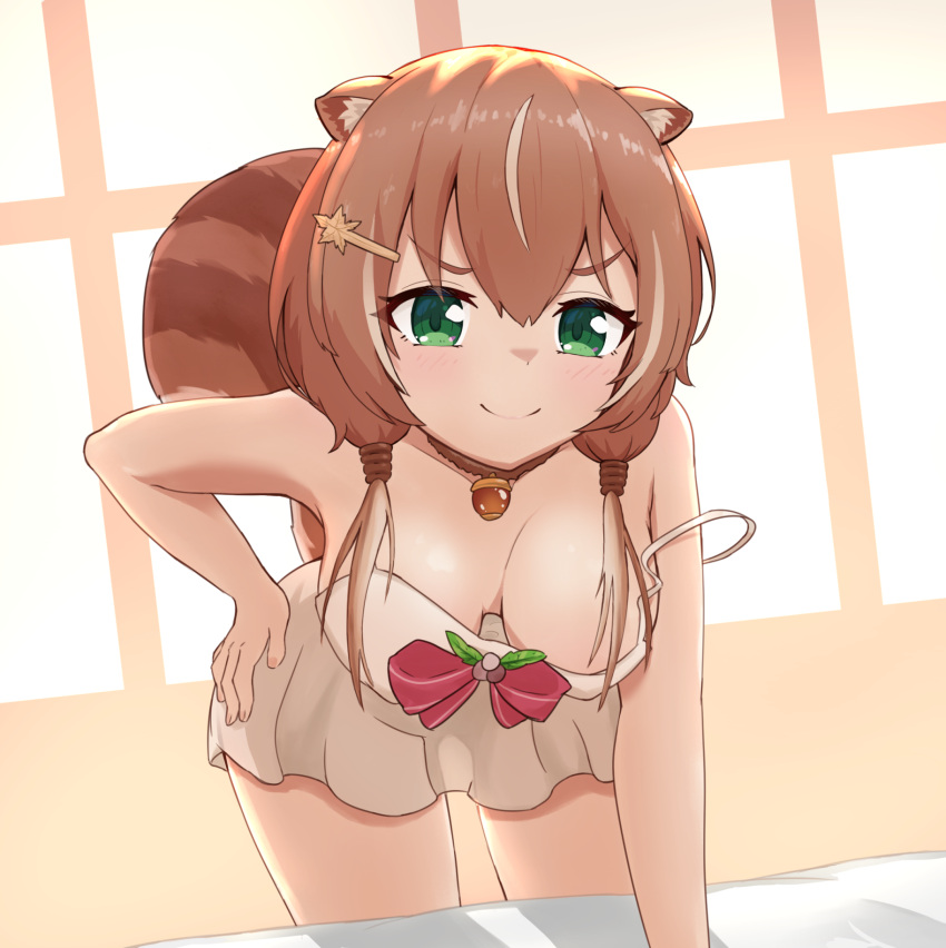 1girl animal_ear_fluff animal_ears ayunda_risu beige_dress bent_over breasts breasts_apart brown_hair cleavage english_commentary eyebrows_behind_hair green_eyes hand_on_hip highres hololive hololive_indonesia medium_hair smile solo squirrel_ears squirrel_girl squirrel_tail tail telomere v-shaped_eyebrows virtual_youtuber