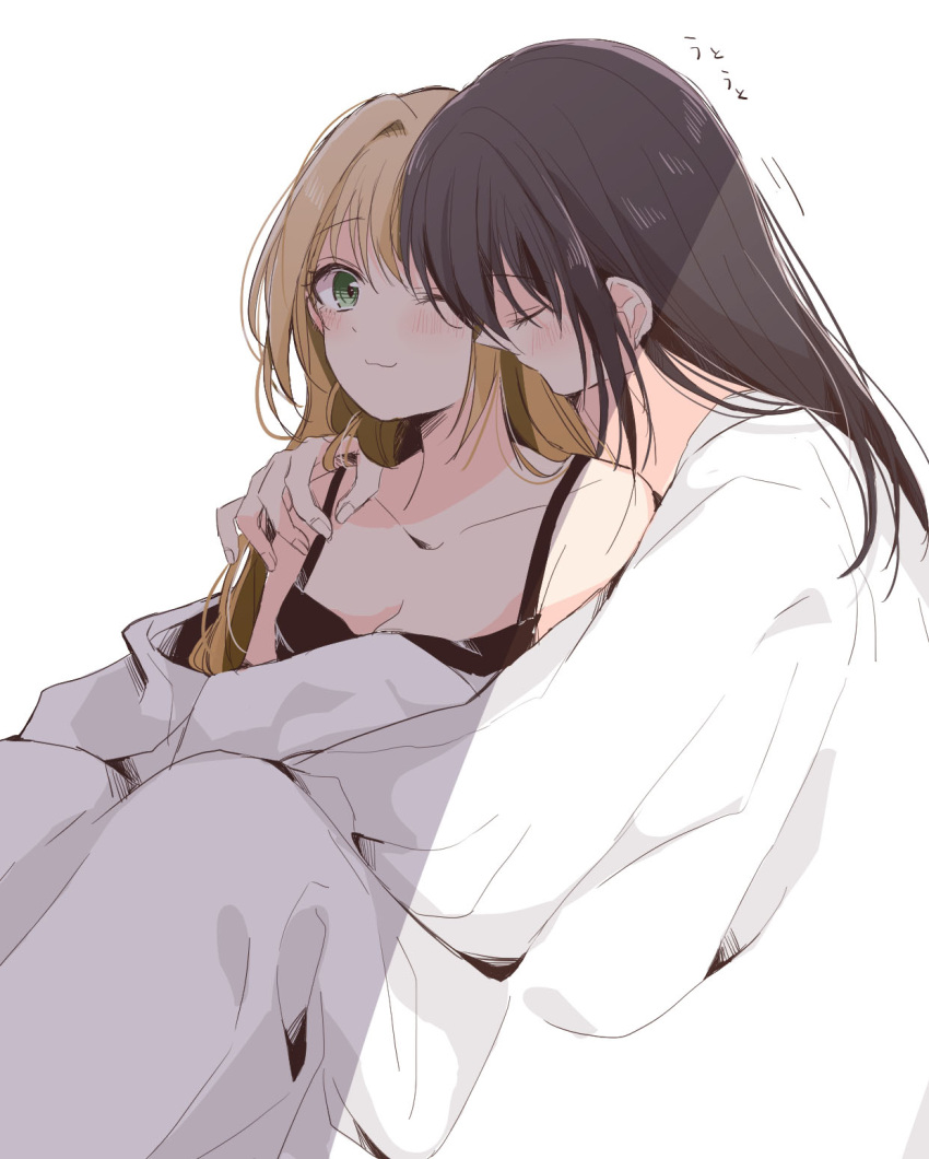 2girls azuko_(ampenm) blanket blush breasts brown_hair character_request cleavage closed_eyes closed_mouth commentary_request eyebrows_visible_through_hair green_eyes hand_on_another's_shoulder highres idolmaster idolmaster_cinderella_girls light_brown_hair multiple_girls one_eye_closed shared_blanket yuri