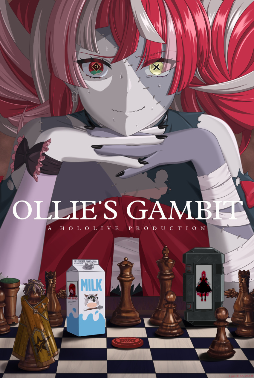 1girl astel_leda bandaged_arm bandages black_nails board_game checkers_piece chess chess_piece chessboard colored_skin double_bun dress earrings gardavwar green_eyes grey_hair grey_skin heterochromia highres hololive hololive_indonesia holostars jewelry kureiji_ollie milk_carton mismatched_pupils multicolored multicolored_eyes multicolored_hair olivia_(kureiji_ollie) parody pop_tab red_eyes red_hair shirogane_noel smile solo stitches sweat the_queen's_gambit torn_clothes torn_dress upper_body virtual_youtuber wavy_mouth yellow_eyes zombie