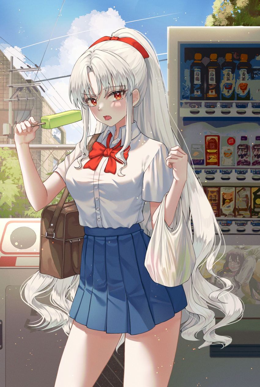 1girl absurdres bag blue_skirt bow bowtie breasts collared_shirt commentary contrapposto cowboy_shot duffel_bag food grocery_bag hair_ribbon high-waist_skirt highres holding huge_filesize jisu_lee long_hair looking_at_viewer medium_breasts open_mouth original outdoors pleated_skirt ponytail popsicle red_eyes ribbon school_uniform shirt shirt_tucked_in shopping_bag short_sleeves skirt solo standing vending_machine very_long_hair white_hair white_shirt