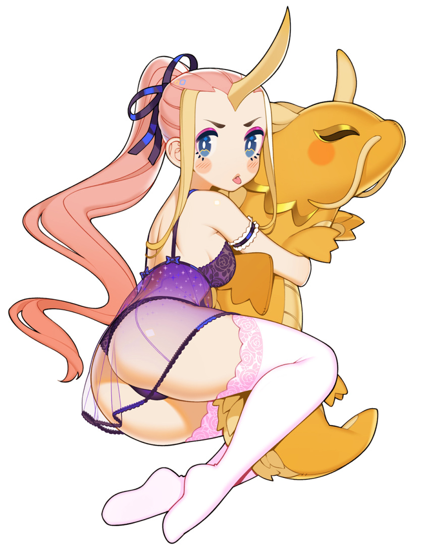 1girl :p ass bare_shoulders blue_eyes blush_stickers bow bra commentary commission dragon english_commentary full_body hair_bow halphelt highres horns long_hair looking_at_viewer original panties pink_hair pink_legwear ponytail purple_bow purple_bra purple_panties simple_background single_horn solo thighhighs tongue tongue_out underwear very_long_hair white_background white_legwear