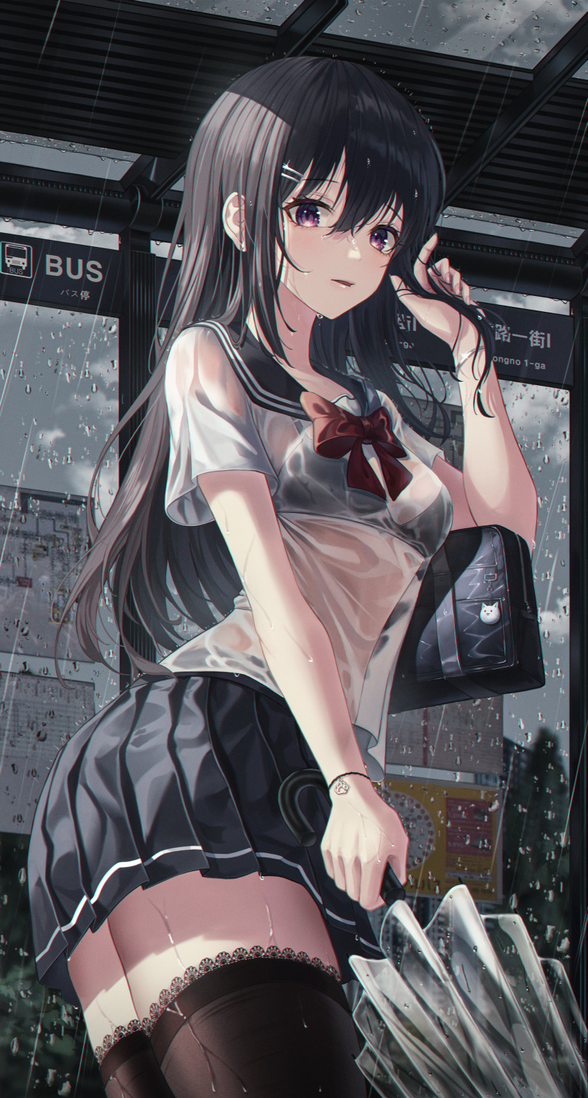 1girl absurdres bag bangs black_bra black_hair black_legwear black_skirt blush bow bowtie bra breasts bus_stop chromatic_aberration eyebrows_visible_through_hair fall_(aki) hair_ornament hairclip highres holding holding_umbrella lace long_hair looking_at_viewer medium_breasts open_mouth original outdoors parted_lips pleated_skirt purple_eyes rain red_neckwear school_bag school_uniform see-through serafuku shirt skirt solo symbol_commentary thighhighs transparent transparent_umbrella umbrella underwear uniform wet wet_clothes wet_shirt white_shirt zettai_ryouiki