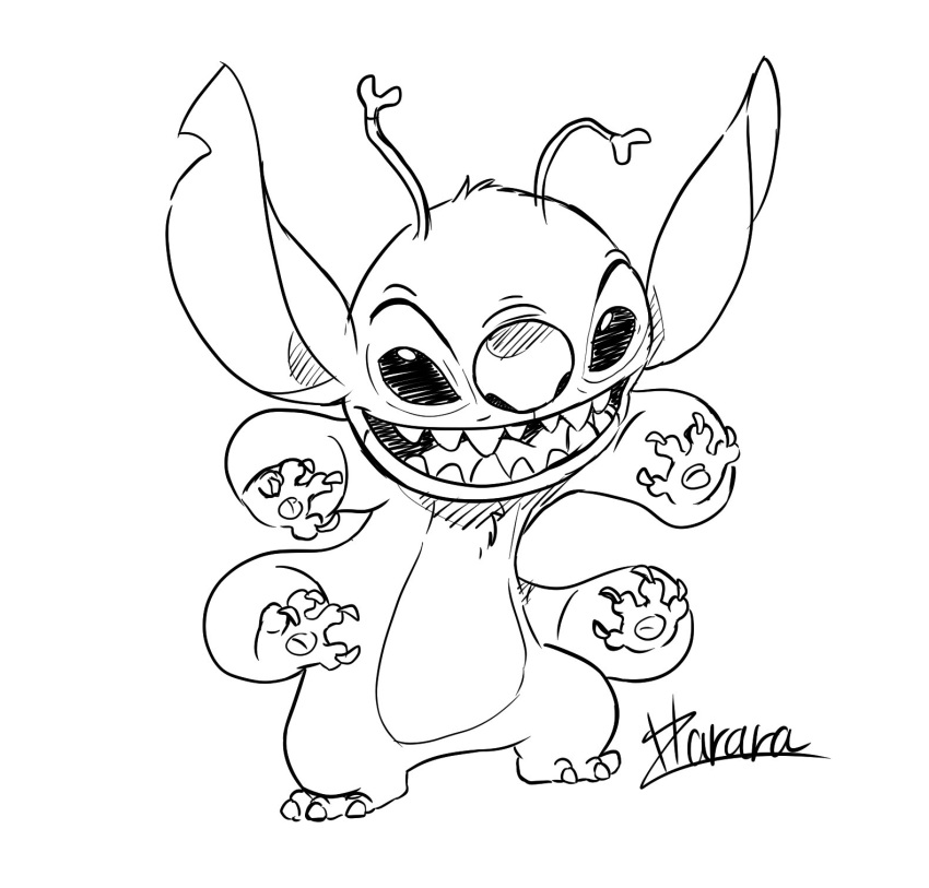 2021 4_arms 4_fingers alien antennae_(anatomy) black_and_white chest_tuft claws digital_drawing_(artwork) digital_media_(artwork) dipstick_antennae disney experiment_(lilo_and_stitch) fingers fur harara head_tuft hi_res lilo_and_stitch looking_at_viewer monochrome multi_arm multi_limb multicolored_antennae notched_ear open_mouth open_smile pawpads signature simple_background smile smiling_at_viewer solo standing stitch_(lilo_and_stitch) toe_claws tuft white_background