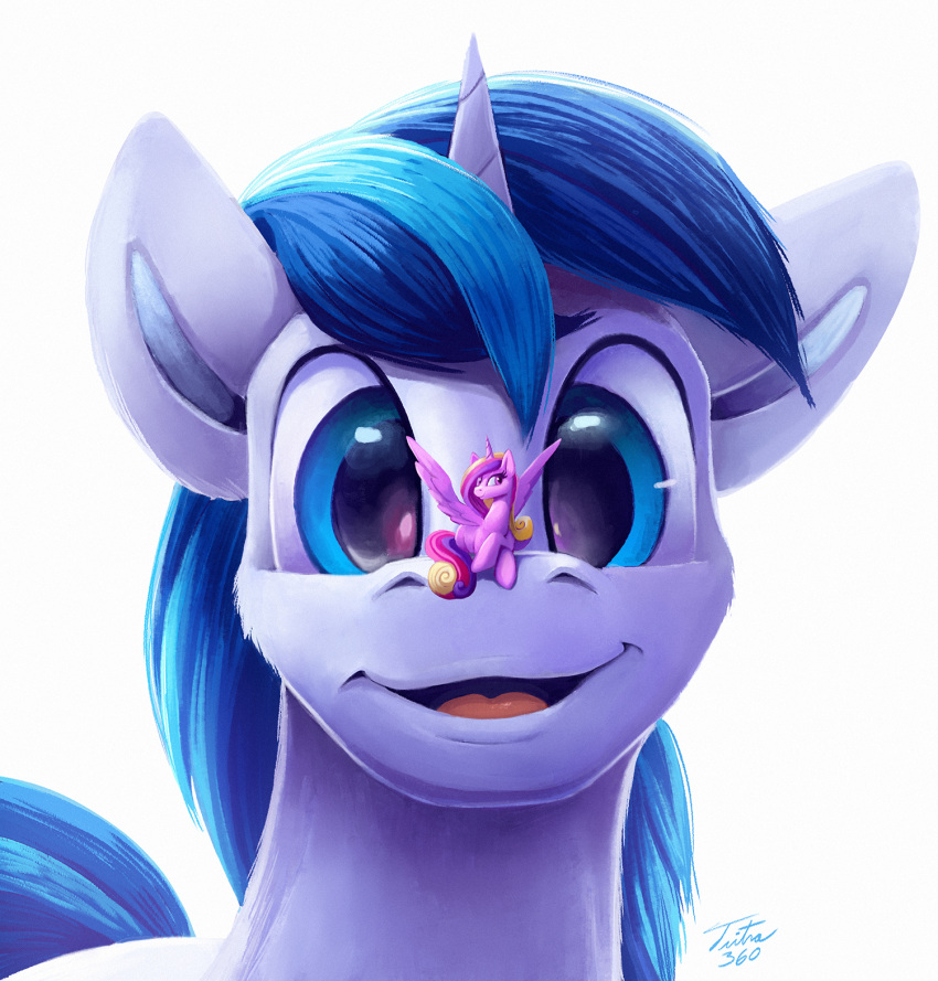 2021 blue_eyes blue_hair equid equine female feral friendship_is_magic fur hair hasbro hi_res horn male mammal micro my_little_pony on_nose open_mouth open_smile pink_body pink_fur princess_cadance_(mlp) quadruped shining_armor_(mlp) simple_background smile tsitra360 white_background white_body white_fur winged_unicorn wings